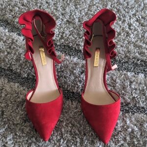 Elegant Red Ruffle Heels suede